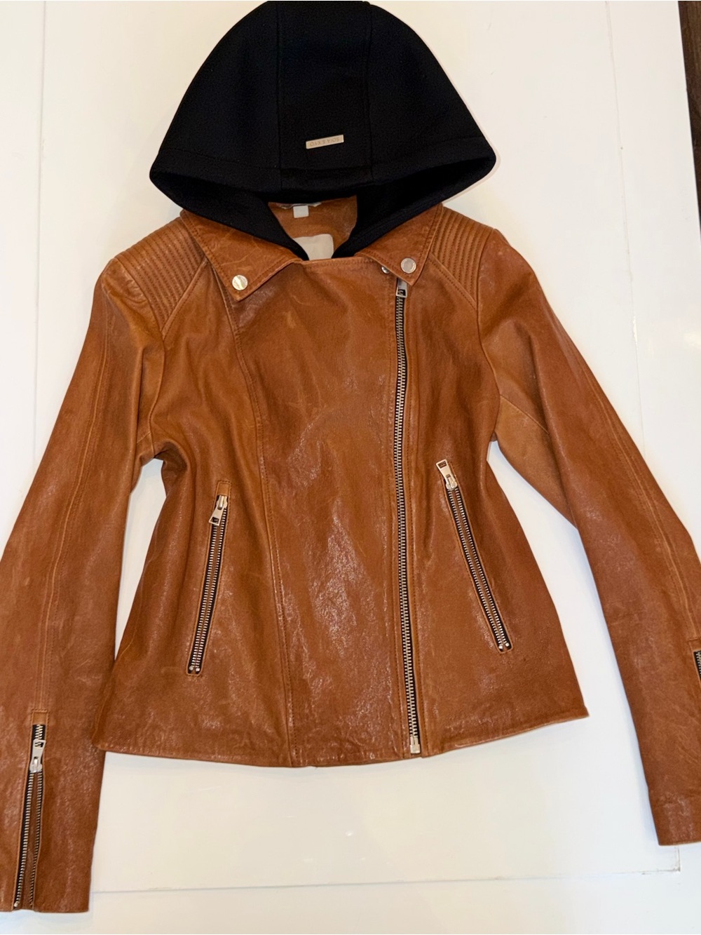 Soia & Kyo Brown Leather Moto Jacket with Black Removable Hood